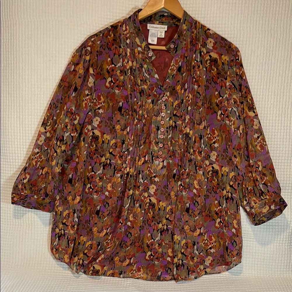 Coldwater Creek‎ Boxy Blouse with Mandarin Collar in Purple and Brown